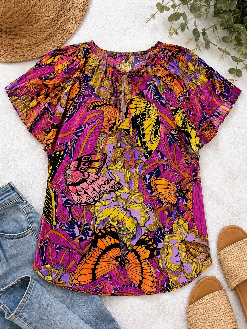 Philosophy Butterfly Floral Print Flutter Sleeve Blouse Size Small Boho